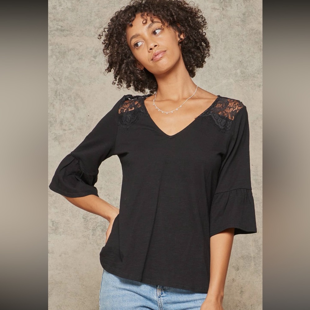 Black Lace-Accent V-Neck Women's Top